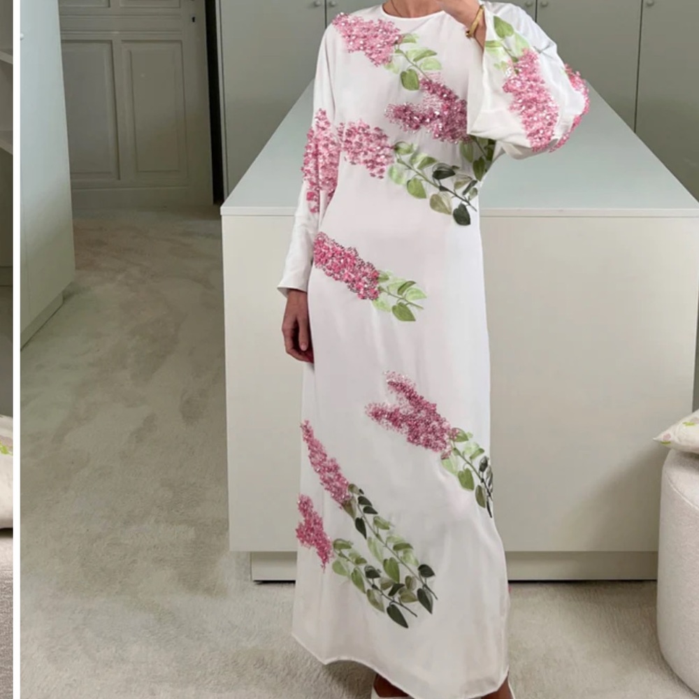 White Pink Floral Bell Sleeve Wedding Gown